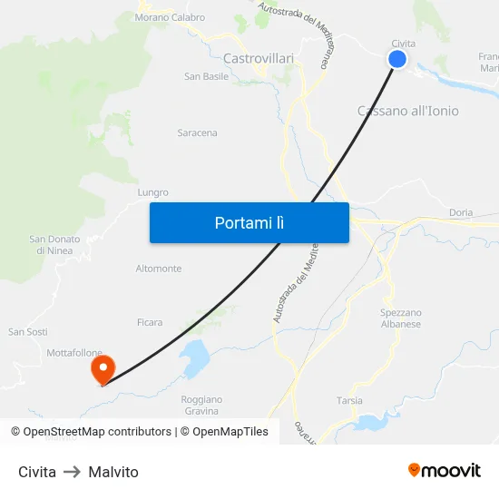 Civita to Malvito map