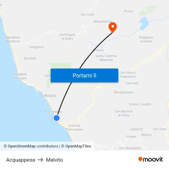 Acquappesa to Malvito map