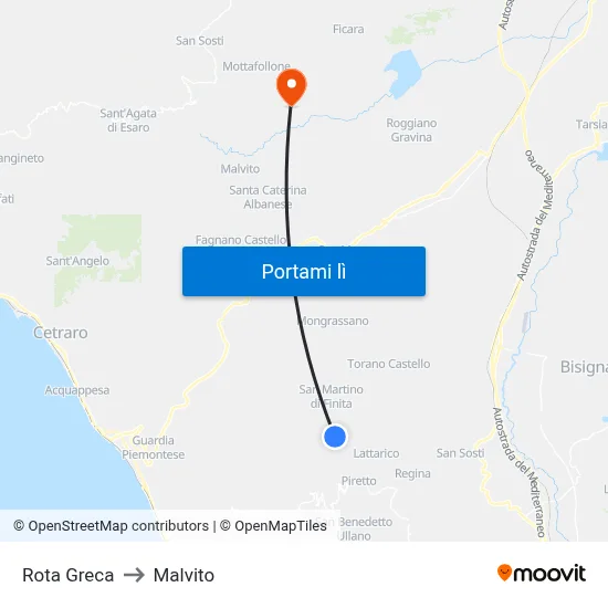 Rota Greca to Malvito map