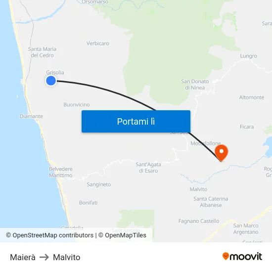 Maierà to Malvito map