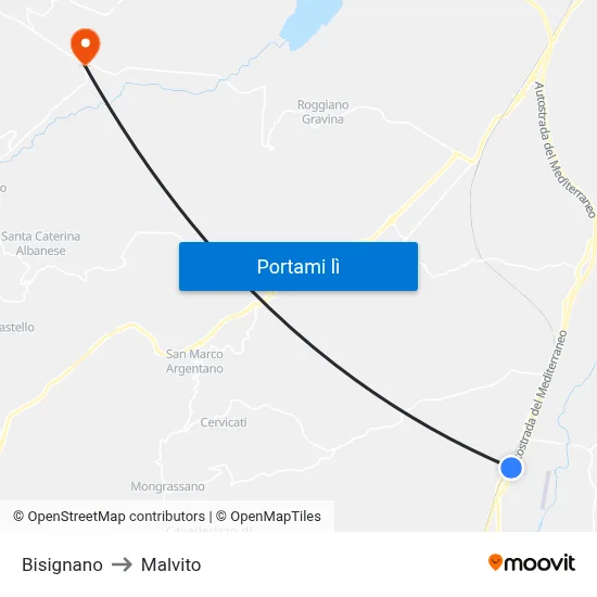 Bisignano to Malvito map