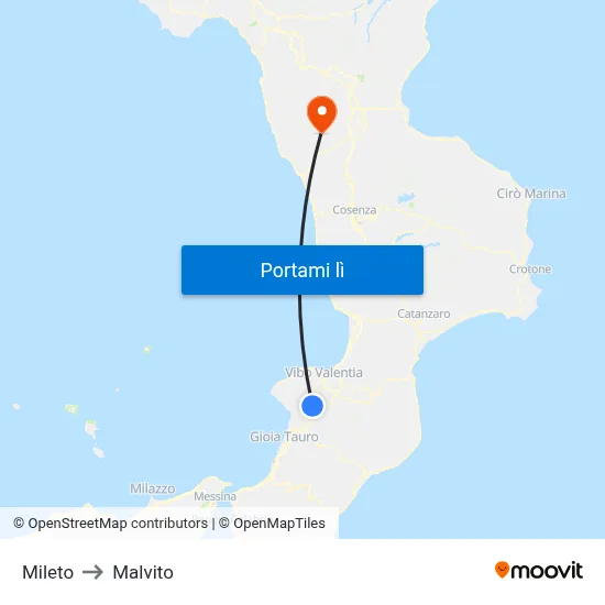 Mileto to Malvito map