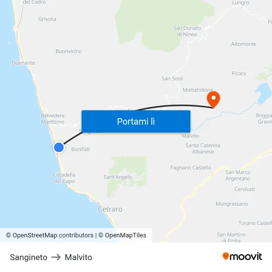 Sangineto to Malvito map