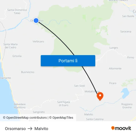 Orsomarso to Malvito map
