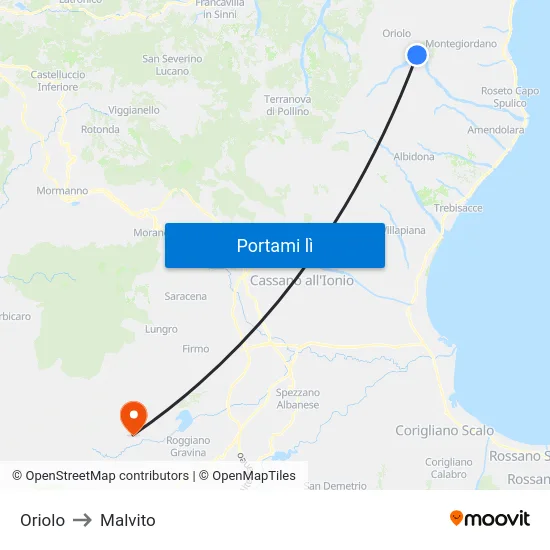 Oriolo to Malvito map
