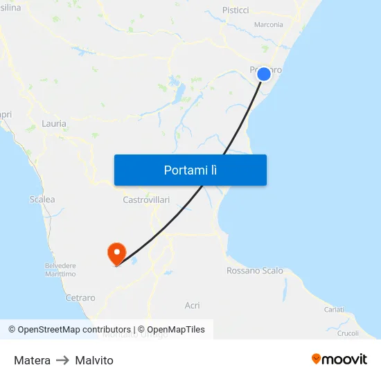 Matera to Malvito map