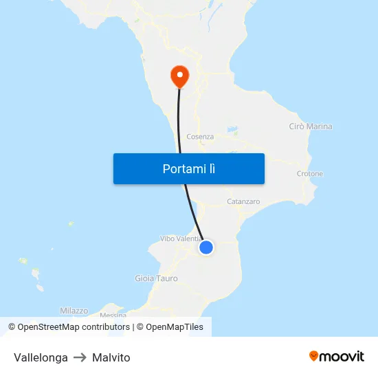 Vallelonga to Malvito map