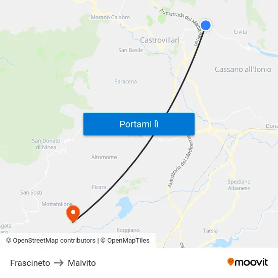 Frascineto to Malvito map