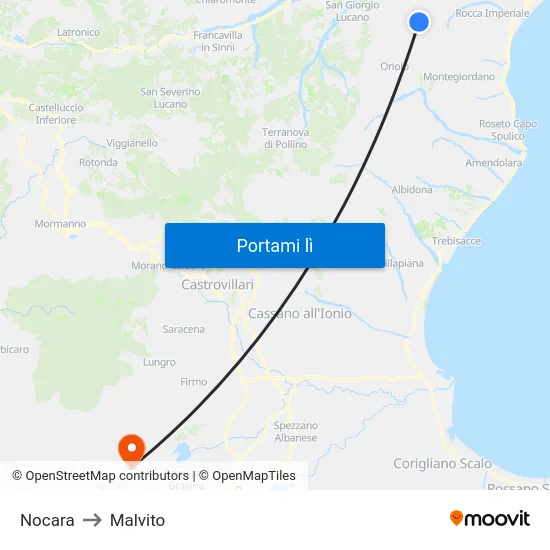 Nocara to Malvito map