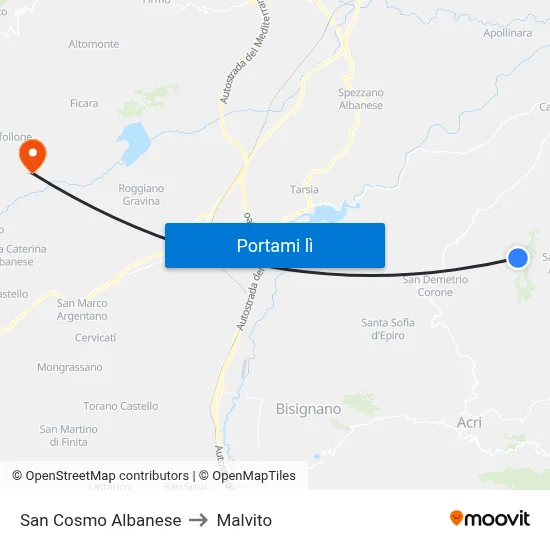 San Cosmo Albanese to Malvito map