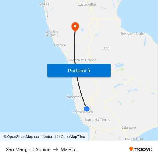 San Mango D'Aquino to Malvito map