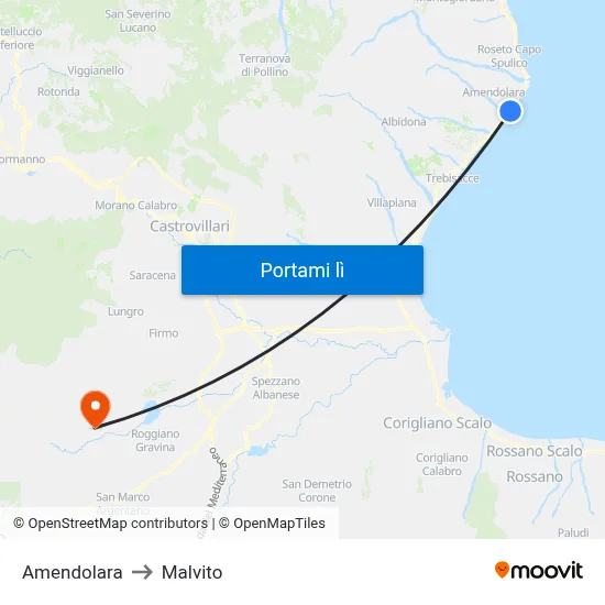Amendolara to Malvito map