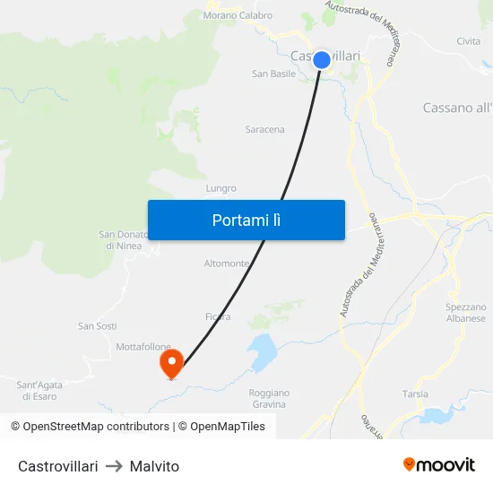 Castrovillari to Malvito map