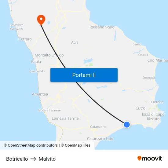 Botricello to Malvito map