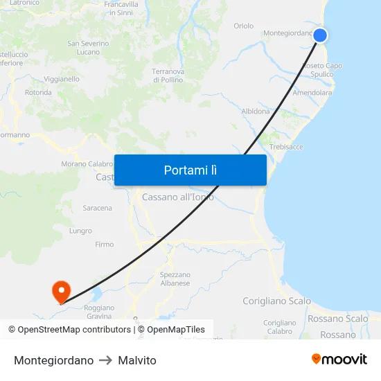 Montegiordano to Malvito map