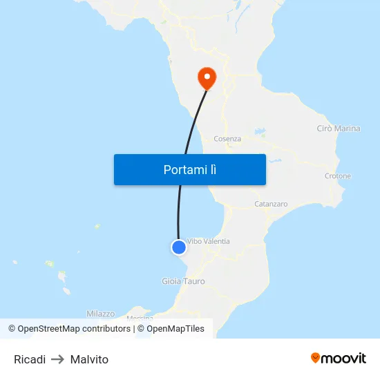 Ricadi to Malvito map