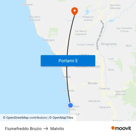 Fiumefreddo Bruzio to Malvito map