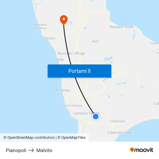 Pianopoli to Malvito map
