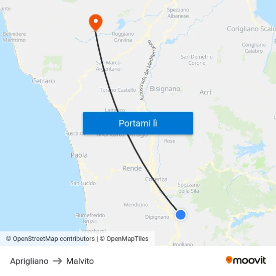 Aprigliano to Malvito map
