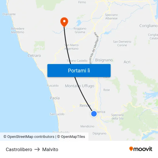 Castrolibero to Malvito map