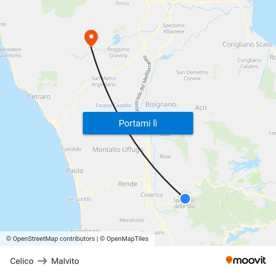 Celico to Malvito map