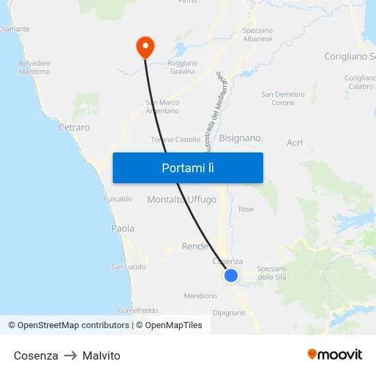 Cosenza to Malvito map