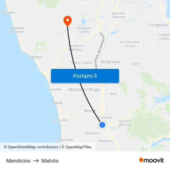 Mendicino to Malvito map