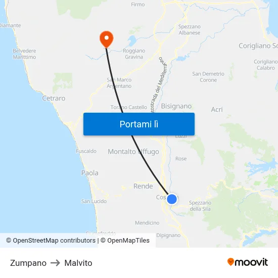 Zumpano to Malvito map