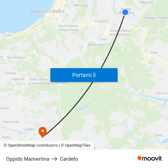 Oppido Mamertina to Cardeto map