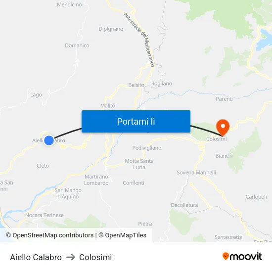 Aiello Calabro to Colosimi map