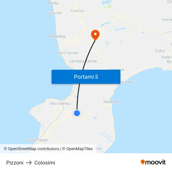 Pizzoni to Colosimi map