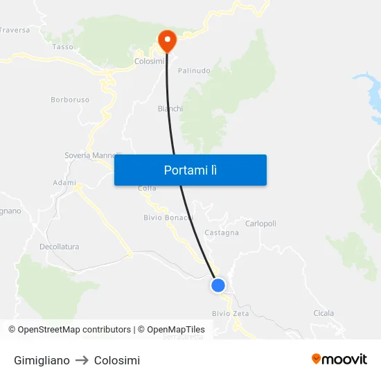 Gimigliano to Colosimi map
