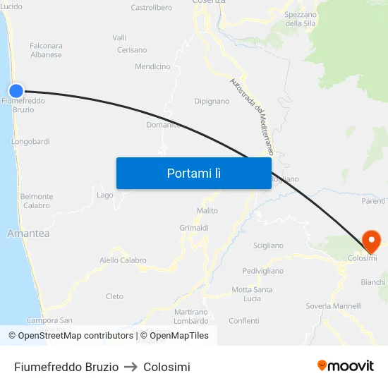 Fiumefreddo Bruzio to Colosimi map