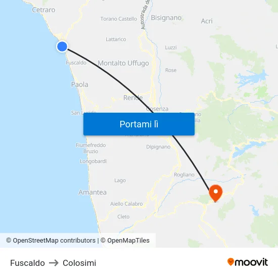 Fuscaldo to Colosimi map