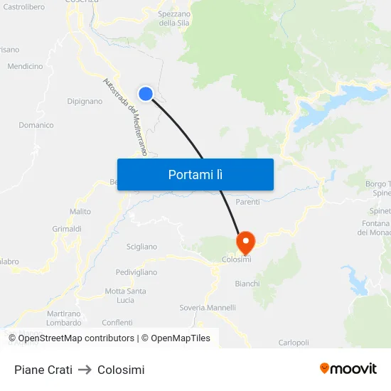 Piane Crati to Colosimi map