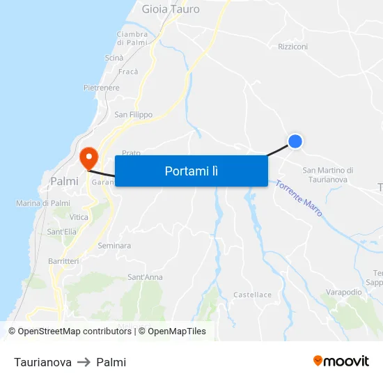 Taurianova to Palmi map