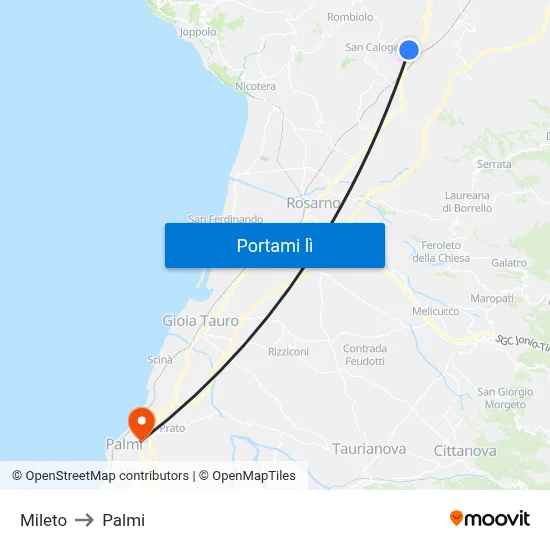 Mileto to Palmi map