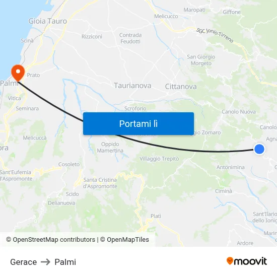 Gerace to Palmi map