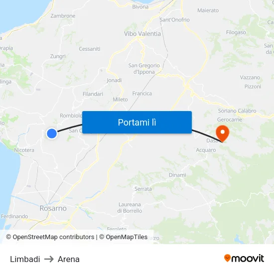 Limbadi to Arena map
