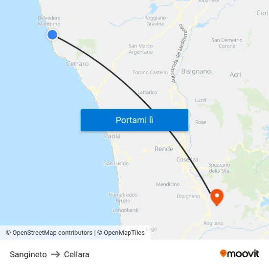 Sangineto to Cellara map