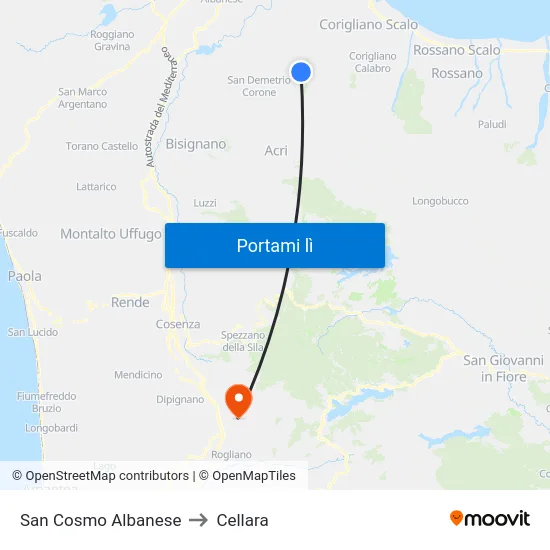 San Cosmo Albanese to Cellara map