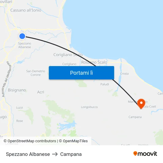 Spezzano Albanese to Campana map