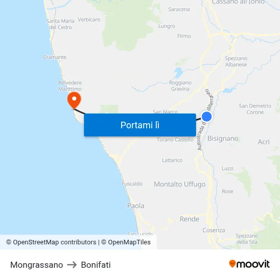 Mongrassano to Bonifati map