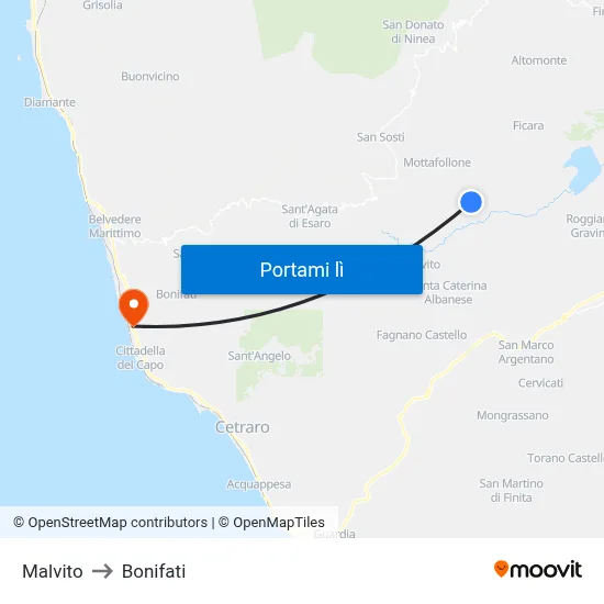Malvito to Bonifati map