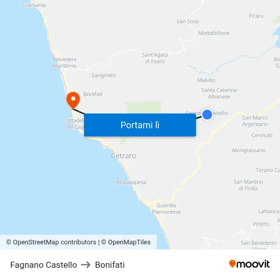 Fagnano Castello to Bonifati map