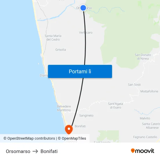 Orsomarso to Bonifati map