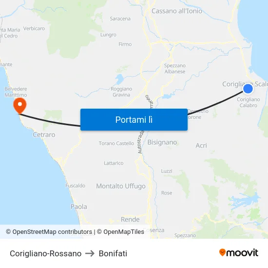 Corigliano-Rossano to Bonifati map