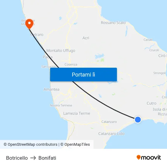 Botricello to Bonifati map