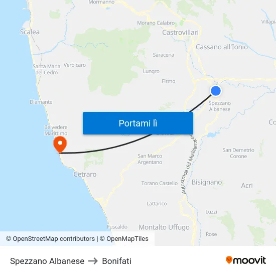 Spezzano Albanese to Bonifati map