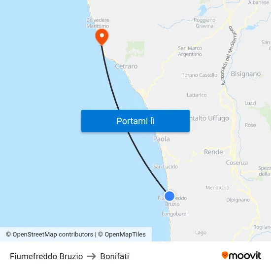 Fiumefreddo Bruzio to Bonifati map